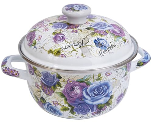 Housoutil Pentola per Zuppa Smaltata Coperchio da 20 CM Pentola da Cucina Vintage a Doppio Manico Resistente alle Alte Temperature e Adatta a Tutti i Piani Cottura per Uso Domestico