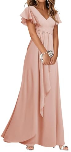 Minetom Robe De Soirée en V-Col Et Manches Courtes Robe E Demoiselle De Mariage d'honneur Bal Longue Dress A Rose XXL