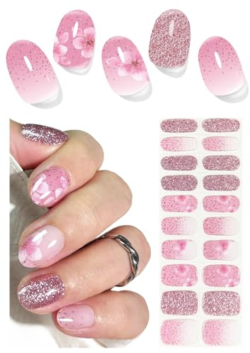 Autocollant Ongle Gel UV, Sakura rose 20pcs Bandes d'ongles en Gel Semi durcis pour Nail Art DIY