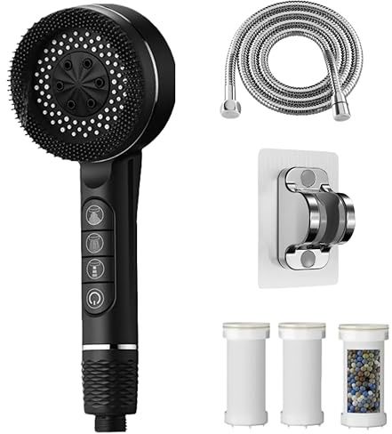 Pommeau Douche Haute Pression,Pommeau De Douche Anti Calcaire,Filtre Shower Head avec Tuyau 1.5M et Support,4 Types de Jets Douchette Douche Salle de Bain avec Bouton D'arrêt D'eau,Noir