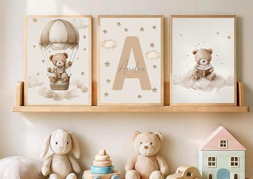3 Personalisierte Bilder Mit Namen Kinderzimmer 30X40CM Poster Bär Kinderzimmer Bilderwand Kinder Bilder Babyzimmer Bär Teddybär Leinwand Mädchen Zimmer Personalisierte Poster Baby Beige ohne Rahmen