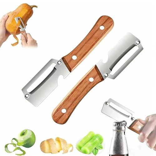 Vtizikl Zero Snag Wooden Peeler, 2-in-1 Multifunctional Stainless Steel Peeler, Potato Fruit Pumpkins Kitchen Peelers with Bottle Opener, Speed Peelers for Kitchen (2pc)