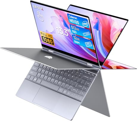 BMAX 13,3 Ordenador Portátil Pantalla Táctil 2 en 1 Notebook 12GB RAM 512GB SSD Celeron N5100 Convertible 360°, Teclado retroiluminado 1920x1080 5G WiFi BT4.2 Type Cx2 Protege el Teclado Español