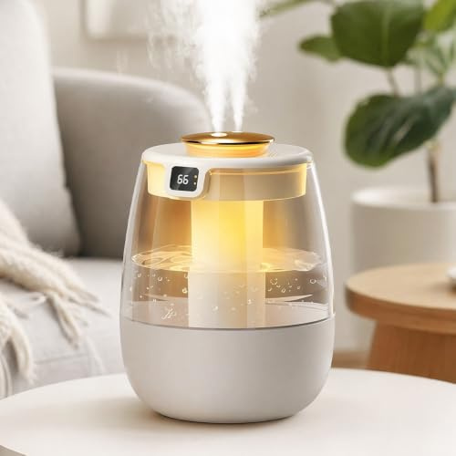 Humidifier for Bedroom, 1.3L Cool Mist Humidifier, Quiet Air Humidifier with 3 Modes with Night Light, Waterless Auto-Off Mini Humidifier with Display and Dual Nozzle for Bedroom, Plants and Office