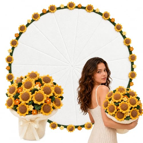 DVDVBOOM Crochet Flower Bouquet Throw Blanket, Handmade Cozy Soft Knitted Blanket with Sunflower, Cute Romantic Gift for Her & Girlfriend & Mom Valentine Wedding Anniversary Birthday (Yellow 43in)