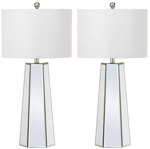 SAFAVIEH Lighting Collection Janice Modern Art Deco Mirror Chrome 32-inch Bedroom Living Room Home Office Desk Nightstand Table Lamp Set of 2 (LED Bulbs Included)