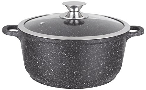 Kamberg – 0008035 – Kochtopf 36 cm – Aluminiumguss – Beschichtung in Steinoptik – Mit Glasdeckel – Für alle Herdarten, auch Induktion – PFOA‑frei, Schwarz