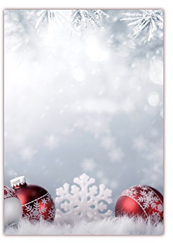 Motivpapier Briefpapier (Weihnachten-5179, DIN A4, 100 Blatt) - Weihnachtspapier rote Weihnachtskugeln im Schnee