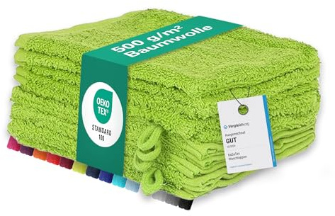 BaSaTex Frottee Waschhandschuhe, 10 Stück, 15x21 cm, Apfelgrün | 100% Baumwolle, Made in Green Zertifiziert, Aufhängeschlaufe, Saugstark und Weich