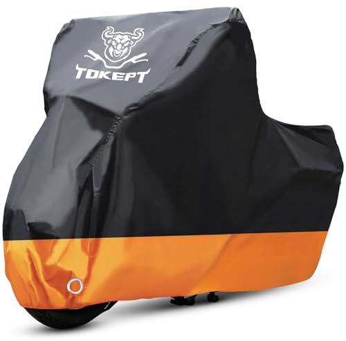 Tokept Motorcycle Cover, All-Season Waterproof Outdoor Sun Protection Fit up to 104 Inch Harley-Davidson Honda Suzuki Kawasaki Yamaha (XXL Black&Orange)