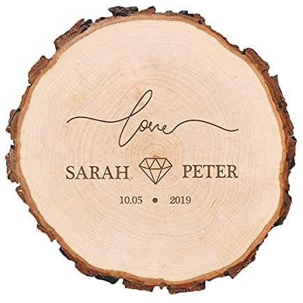Naturholz Baumscheibe rund - Tischdekoration mit Wunschgravur - Geschenk zur Hochzeit - Jahresringe - individuelle Geschenkidee - Für Liebespaare - Motiv Love