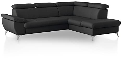 Mivano Ecksofa Gisele / Eckcouch mit Schlaffunktion, Stauraum, Armteilfunktion und Kopfteilverstellung / 256 x 83 x 209 / Kunstleder, Schwarz