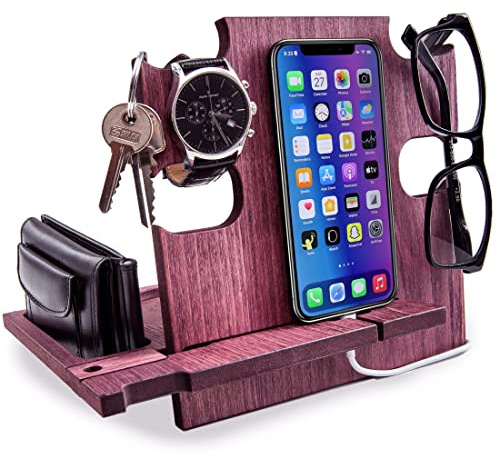Docking Station in Legno Multifunzione: Organizer da Scrivania e Svuotatasche Design Moderno per Casa e Ufficio - Regalo Compleanno Uomo, Regalo Natale (Viola (palissandro))