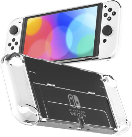 RHOTALL 3 in 1 Transparent Case for Nintendo Switch OLED, Clear Dockable Shell Compatible with Switch OLED and Grip Controller, Comfort Grip Case with Shock-Absorption and Anti-Scratch Design