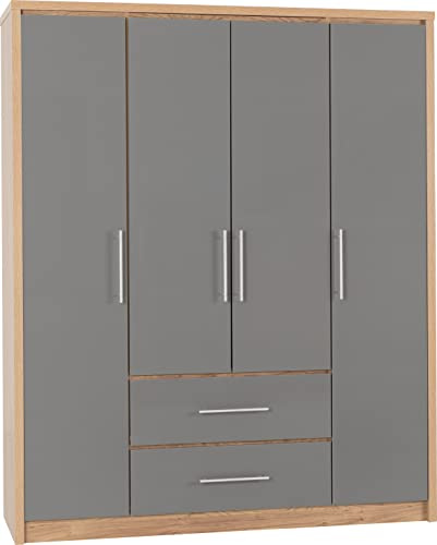 Seconique Seville 4 Door 2 Drawer Wardrobe in Grey Gloss/Light Oak Effect Veneer