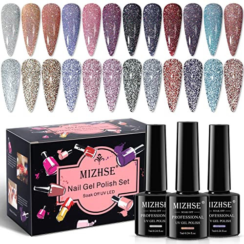 MIZHSE Reflective Glitter Gel Nail Polish Sparkling Diamond Nail Polish Gel Shinny Glitter Nail Gel Polish Nail Art Varnish Manicure Kit Professional Nail Salon Kit