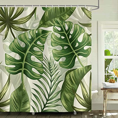 GCIREC Tropical Leaves Shower Curtains, Palms Monstera Banana Leaf Green Plant Botanical Bathroom Curtains Bathtub Home Decor Machine Washable Waterproof Fabric with 12 Hooks 72L*72W inch