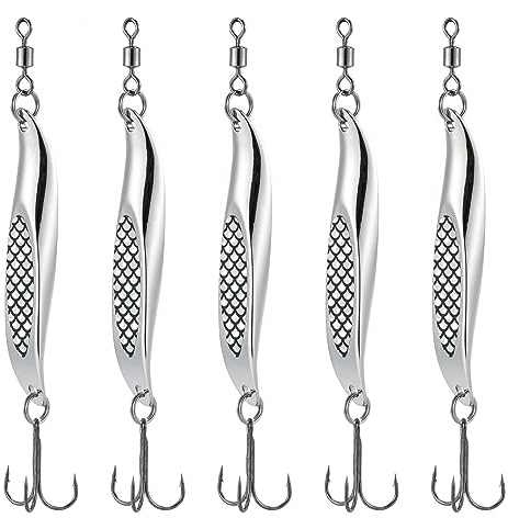 Dr.Fish 5 Pièces Leurres de Pêche en Mer Appâts Cuillères Dexter Wedge en Métal avec 10 Emerillons Kits de Leurres Cuillères pour Pêche Truite Bar, Morue, Maquereau et d'eau Douce Salée,28g