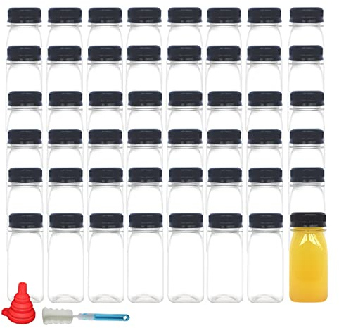 zmybcpack 48pcs 4oz Small Plastic Juice Bottles with Caps, Plastic Ginger Shot Bottles Reusable Mini Juicing Bottle with Tamper Evident Lid for Homemade Beverage