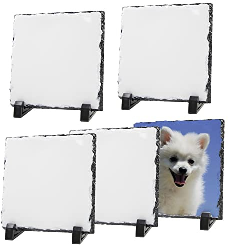 ORJ 5 Pack Sublimation Slate Blanks Custom Stone Slate Picture Frame Heat Transfer Rock Photo Plaque 6x6 Inch with Display Stand Decoration for Desktop Souvenir DIY Personalized Gift