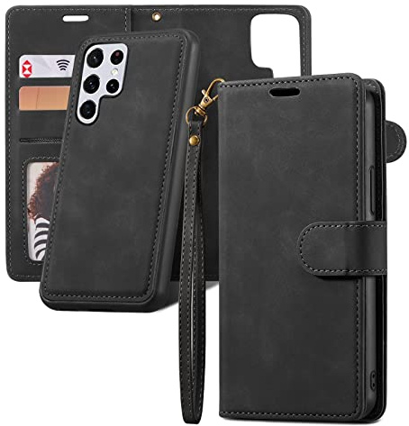 QLTYPRI Hülle für Samsung Galaxy S23 Ultra, Abnehmbare Magnetische Handyhülle Kartenfach Hülle Ständer Flip Klapphülle Schutzhülle Etui Kompatibel mit Samsung Galaxy S23 Ultra - Schwarz