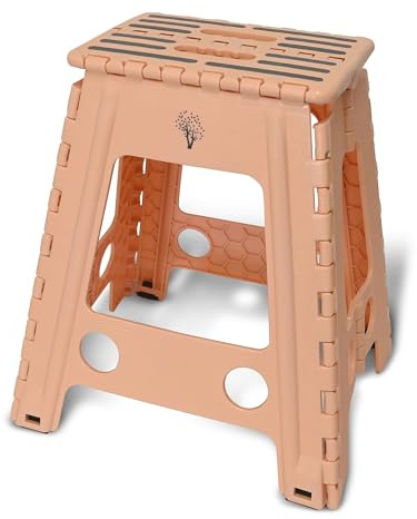 Inspired Living 18 Step Stool, Folding Step Stools for Adults, Plastic Foldable Step Stools Kids, Holds Up to 330 lbs, Collapsible Folding Stool for Kitchen, Bathroom, Bedroom - Blush/Grey