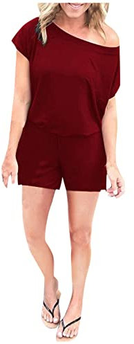 Saymany Damen Elegant Schulterfrei Lose Jumpsuit Kurzarm Playsuit Dehnbar Overall Hosenanzug Elastische Taille Romper Elegant Rundhal Playsuit Casual Overalls Kurz/Lang Romper Hosenanzug