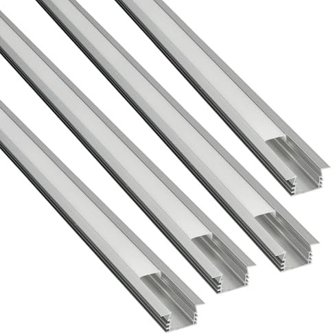 JANDEI – Lot 4 x Profilés en Aluminium Gris 1 Mètre pour l'Installation Encastrée de Rubans LED au Sol/Mur, Canal pour Leds, Diffuseur Blanc Laiteux. Embouts et clips de fixation inclus