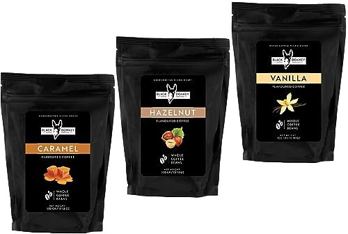 Black Donkey - Flavoured Whole Coffee Beans - Taster Pack (300g, Pack of 3) | Caramel, Hazelnut, Vanilla | Hamper Style Gift Idea for Him & Her