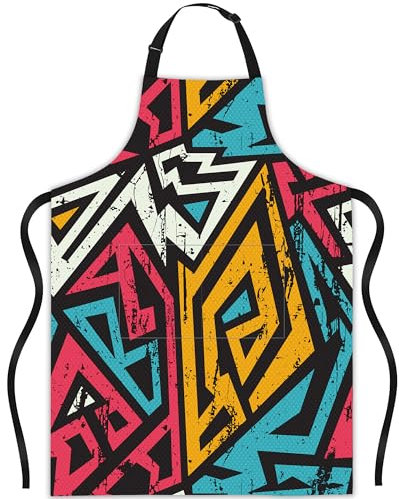 JASAKOO Schürze, Latzschürze mit verstellbarem Hals, wasserdicht, für Damen und Herren, Küche, Kochen, Geschenke, Buntes Graffiti-Labyrinth, Einheitsgröße