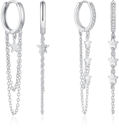 Josfeva Silber Creolen Ohrringe Hängend, 925 Sterling Silber Huggie Kreolen Ohrringe Set für Damen Frauen, 54mm Lange Quaste kette Hängeohrringe, Leicht Hypoallergen Weißgold Tropfen Baumeln Ohrhänger