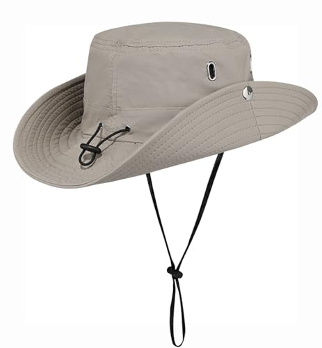 Rayson Sombrero de Pesca Hombre Mujer Gorra de Pescador Transpirable Sombrero de El Sol con Correa de Barbilla Protección UV Verano Boonie Gorra de ala Ancha para Aire Libre(Gris)