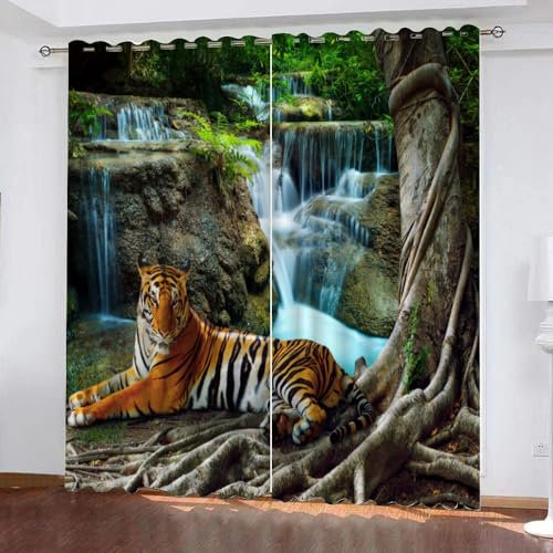 GIOVIA 3D Tiger Gardinen Abdunkelnde Tropisch Dschungel Kindervorhänge Vorhang mit ösen 2er Set Vorhänge Blickdicht Verdunkelungs für Kinderzimmer Schlafzimmer Wohnzimmer B 200 X H 160 cm