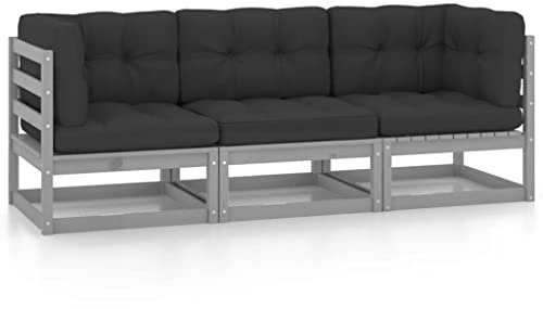Modular Gartensofa 3-Sitzer Lounge Sofa mit Kissen, Garten Sofa Gartengarnitur Gartenstuhl Klein Sitzgruppe Gartenlounge Sofa Balkonmöbel, Kiefer Massivholz