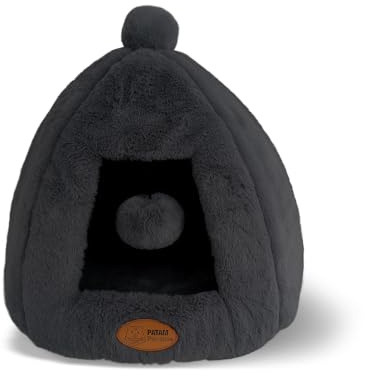 PATAM Hundehütte für Hunde und Katzen, rutschfest, aus weichem Plüschstoff, waschbar, Design mit Kugel, Igloo Schwarz, 43 x 43 x 43 cm