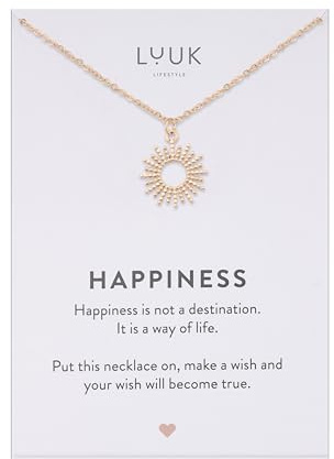 LUUK LIFESTYLE Filigrane Halsketten mit Anhänger und Karte mit HAPPINESS Spruch, zeitloses Design und moderne Motive, in Silber, Gold und Rosegold