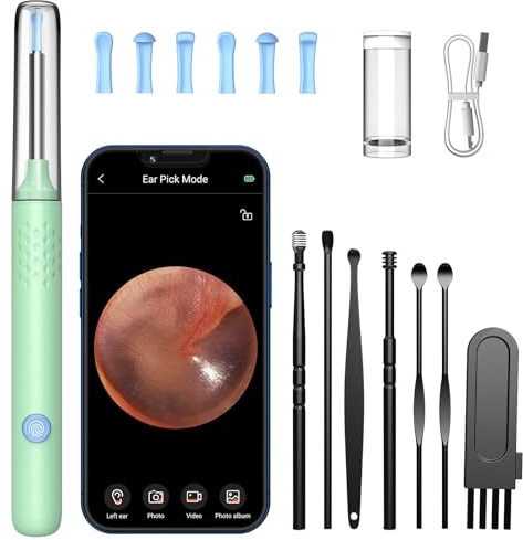 Ohrenschmalz Entferner Otoskop, LMECHN WiFi Ohrenreiniger mit 6 LEDs, 1920P Ohrreiniger für Erwachsene mit 3,5mm Linse, IP67 Wasserdicht Ohrreiniger für iPhone, iPad und Android-Smartphones(Grün)