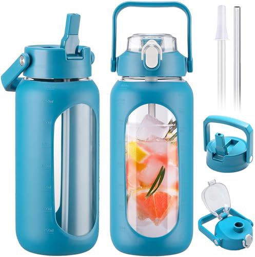 BLUEGO 2L Glass Water Bottles with 2 Lids Flip Lid and Spout Lid Half Gallon Water Bottle with Straw 2000ml Large Water Bottle with Time and Capacity Markers for Gym Home Office Leak-proof,Blue