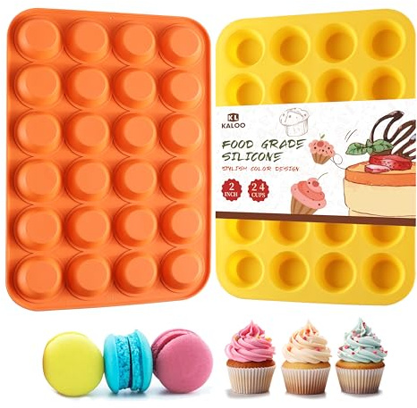 2PCS Silicone Mini Muffin Cupcake Pan, Kaloo Nonstick 24 Cups Silicone Muffin Pans for Baking, Great for Muffin, Cakes, Tart, Bread, Dishwasher Safe (Stylish Orange + Yellow, 24 Cups Each)