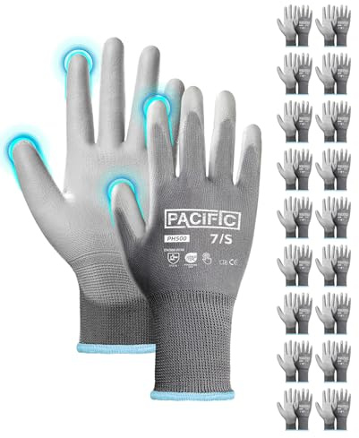 PACIFIC PPE 18 Paar Arbeitshandschuhe für Herren und Damen, 7/S, Grau | Leichte Schutzanforderungen, rutschfeste Griffigkeit, Atmungsaktiv, Touchscreen, Werkstatt, Wartung, Gartenarbeit, Mechanik