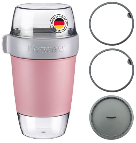 Westmark Lunchpot-Set groß – 3 auslaufsichere Fächer: 350 ml, 600 ml, 200 ml, inkl. 2 Dichtungsringen + 1 Ersatz-Deckel – Rosa/Grau/Klar, 528722EP