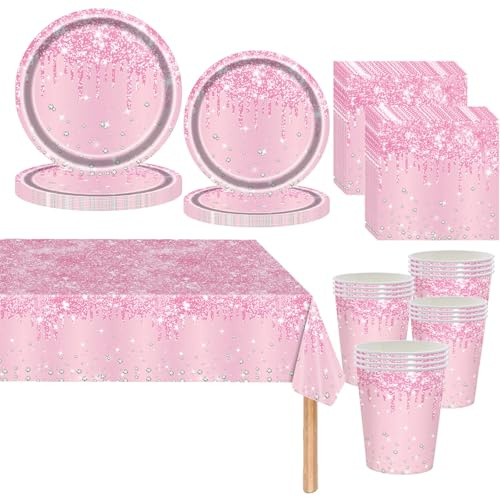 Rosa, glänsande, glittrig, diamant-festservis, 81 delar, födelsedagsservis, papperstallrikar, koppar, servetter och bordsduk, set, födelsedagspresent, prinsessfest-tillbehör, bordsdekoration