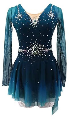 YDHTIZ Eiskunstlauf Wettkampf Kleid Für Damen Eislauf Kleidung Für Mädchen Mesh Elastizitäts Praxis Gymnastik Trikotanzug Professioneller Handgefertigter Strass Lange Ärmel,A,11_13Years