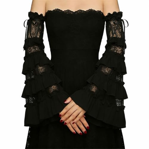 Viktorianische gerüschte lange Spitzenhandschuhe, süßes Lolita-Chiffon, Glockenärmel, fingerlose Armstulpen über Ellenbogen für Blusenkleid