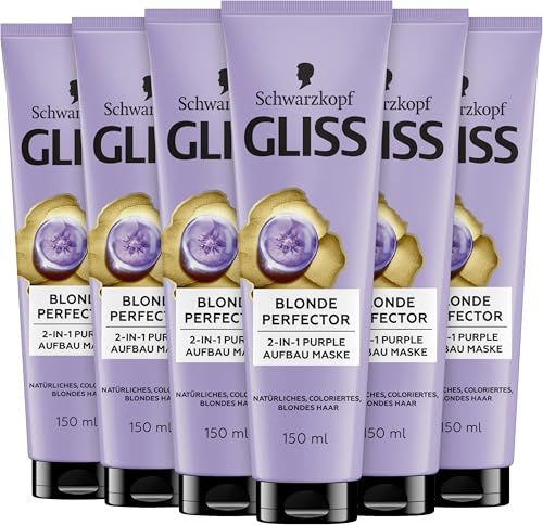 Gliss Blonde Perfector 2-in-1 Purple Aufbau Haarmaske (6x 150 ml), Haarkur für natürliches, coloriertes & gesträhntes blondes Haar sorgt für Glanz & Pflege, mit Anti-Gelbstich-Effekt