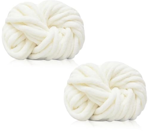 Duscdesp 2-pack tjockt garn för handstickning, 240 g supertjockt garn för virkning, tjockt ullgarn, chenille tjockt filtgarn för hattar halsduk filtar kudde kattsäng (krämvit)