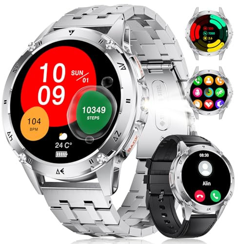 FOXBOX Military Smartwatch med telefonfunktion, ficklampa, 1,43 tum AMOLED, 530 mAh, 5 ATM, 100+ sportlägen, smart klocka, kalori, hjärtfrekvensmätning, sömnmonitor, silvrig