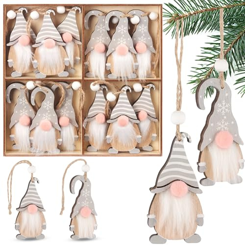 BRUBAKER 12x Weihnachtsanhänger Wichtel - 8 cm Baumschmuck aus Holz | Zwerge mit Bart und großer Nase - Holzanhänger Weihnachtsbaumschmuck - Christbaumschmuck Anhänger Weihnachten - Grau Weiß