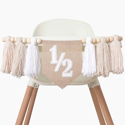 White Half Birthday High Chair Banner - Wood Bead Tassel Garland - 1/2 Birthday Party Tassel Banner - Pure Angel 6 Months Birthday Photo Backdrop - Wall Hangings Decorative For Kids Bedroom Nursery