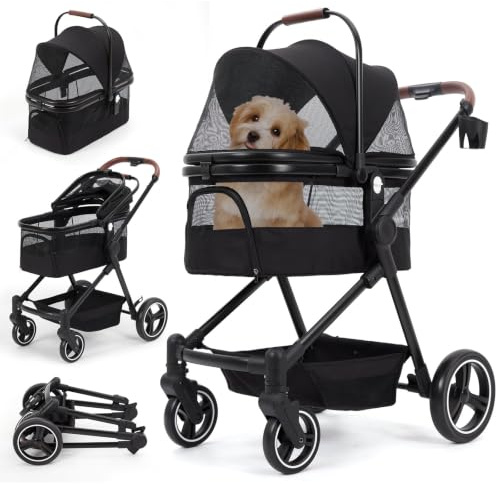 JOLLYTOP Klappbarer Einzelstock-Hundebuggy, Leichter Hundewagen bis 15 kg mit Mesh-Fenstern & Staufach, Katzenwagen für Kleine Hunde oder Katzen, Ideal für Reisen und Spaziergänge